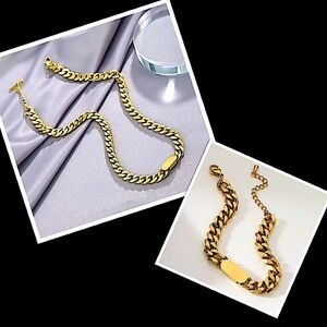 Gold Stainless Steel Cuban Chain Link Necklace Bracelet Set
